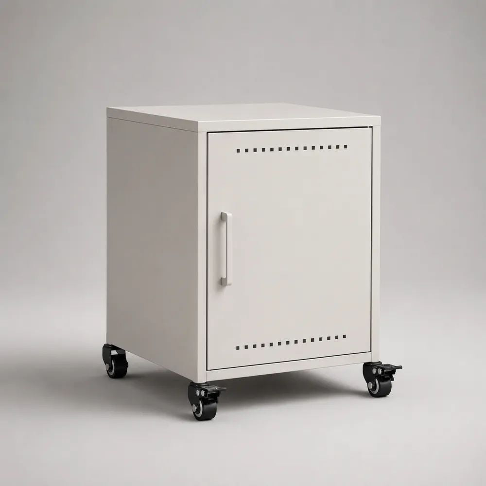 Comodino mobile in acciaio bianco con anta ventilata e 4 ruote, 40 x 40 x 60 cm