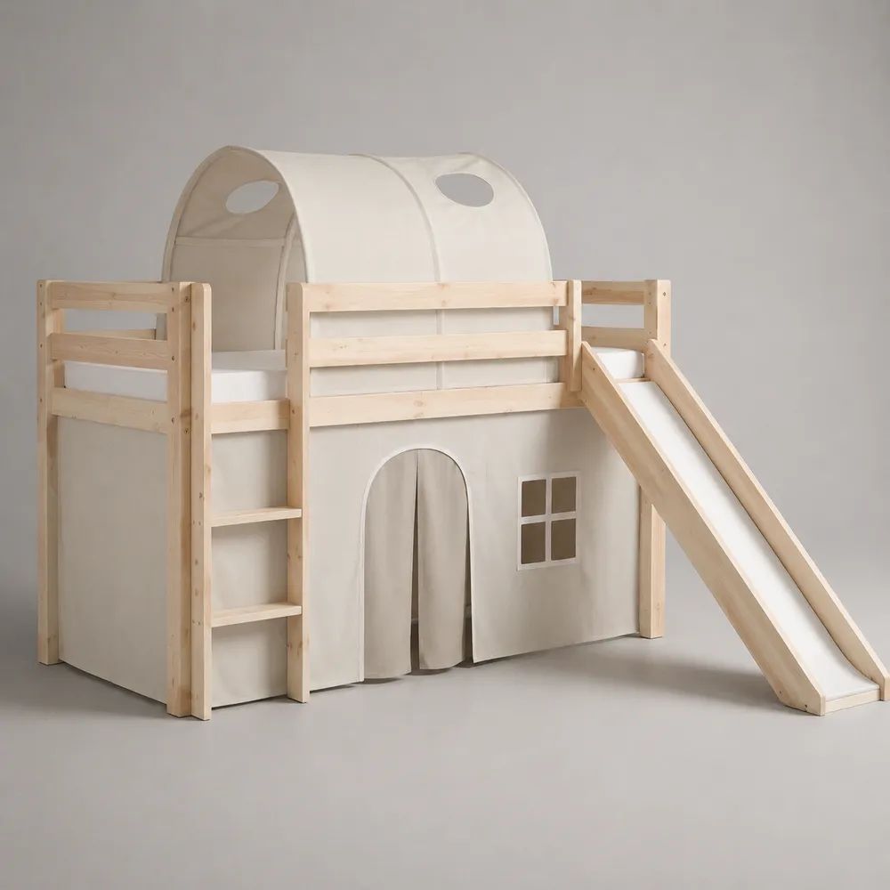 Letto a soppalco per bambini 90 x 200 cm in pino massello naturale con scala, scivolo e tenda beige, 207 x 218 x 185 cm