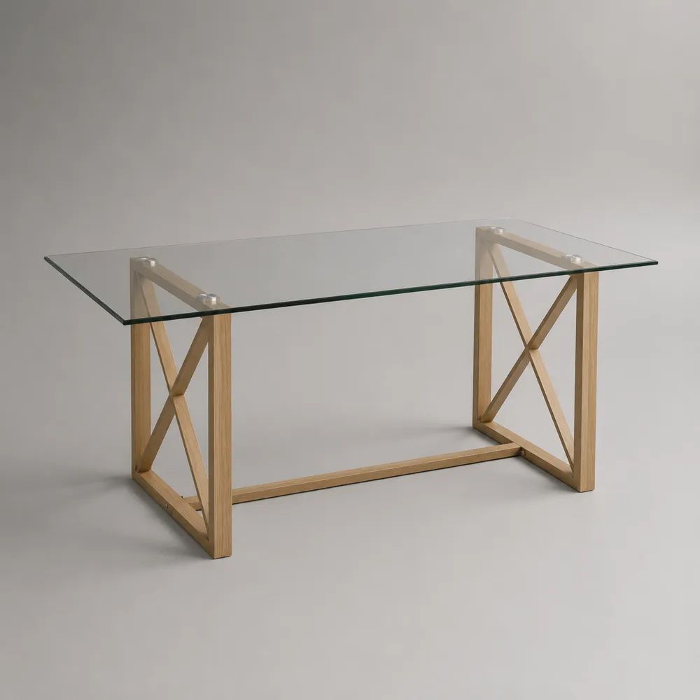Tavolo da pranzo rettangolare in vetro e legno, trasparente e rovere naturale, 140 x 80 x 75 cm