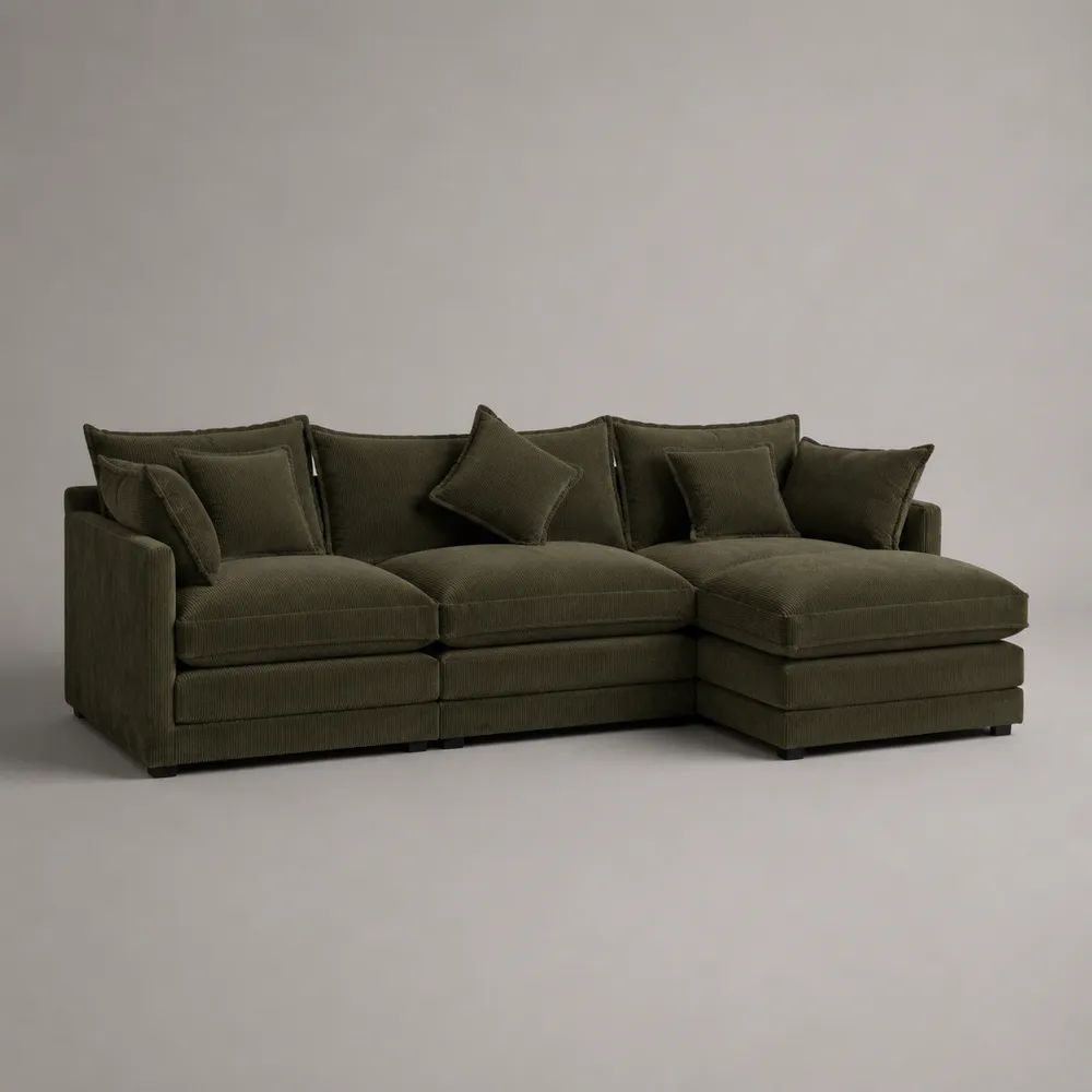 Divano angolare 3 posti con chaise longue destra in velluto a coste verde oliva, 280 × 170 × 85 cm