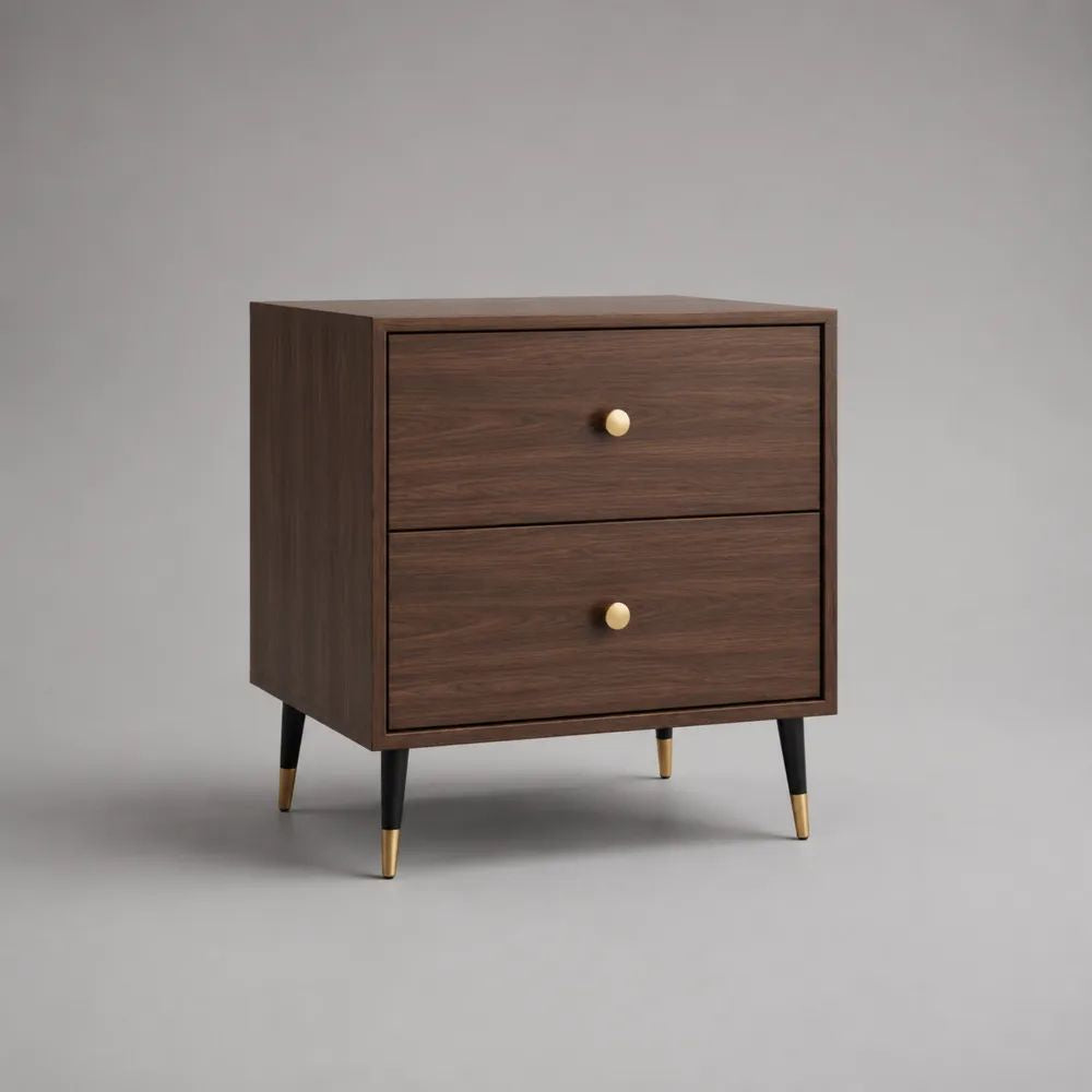 Comodino rettangolare in MDF effetto noce con 2 cassetti, marrone noce, nero e ottone, 50 x 40 x 60 cm