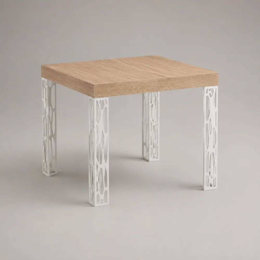 Tavolo da pranzo quadrato in pannello truciolare melaminico effetto rovere con gambe in acciaio bianco, 90 x 90 x 76 cm
