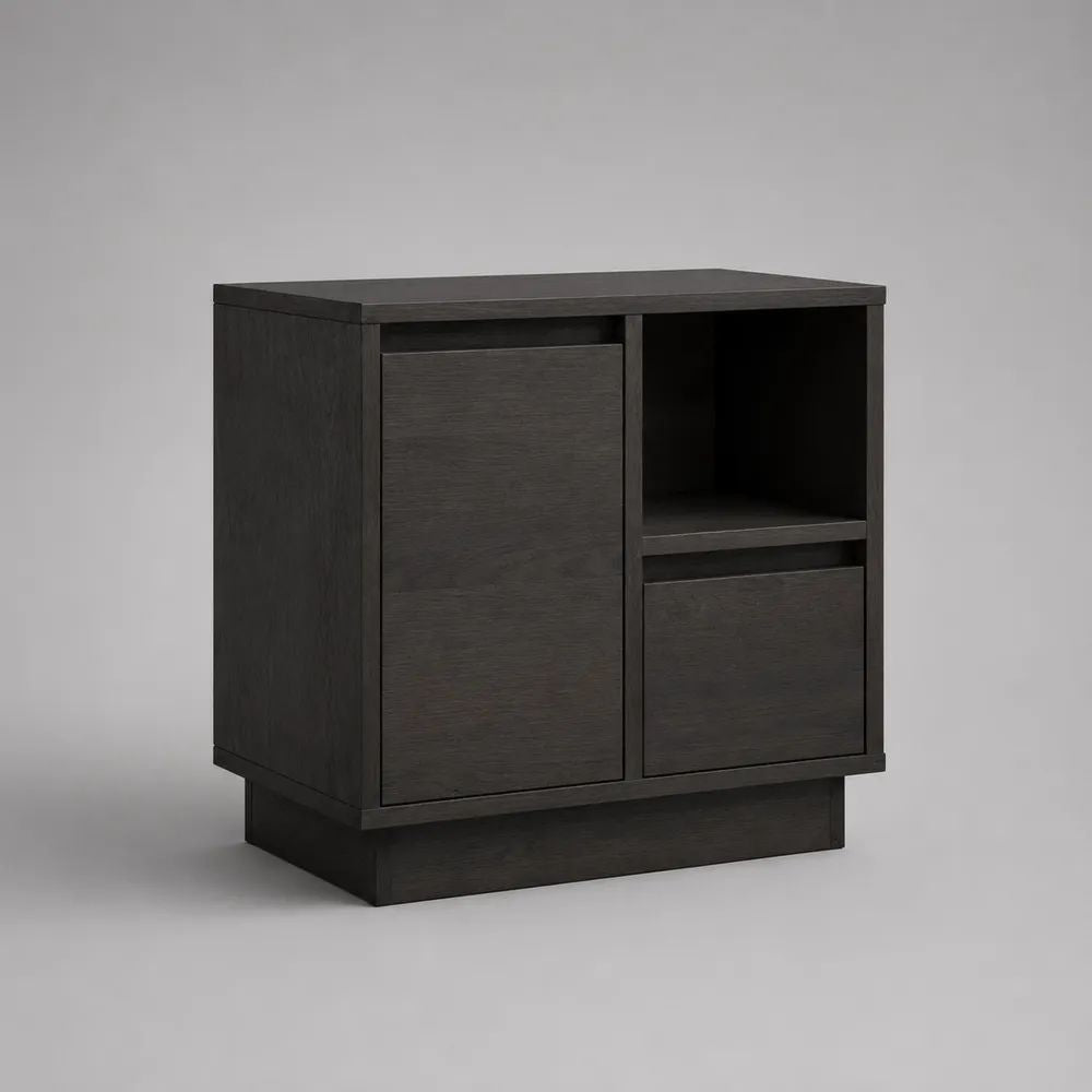 Comodino rettangolare in MDF nero con anta, cassetto e vano aperto, 60 x 40 x 65 cm