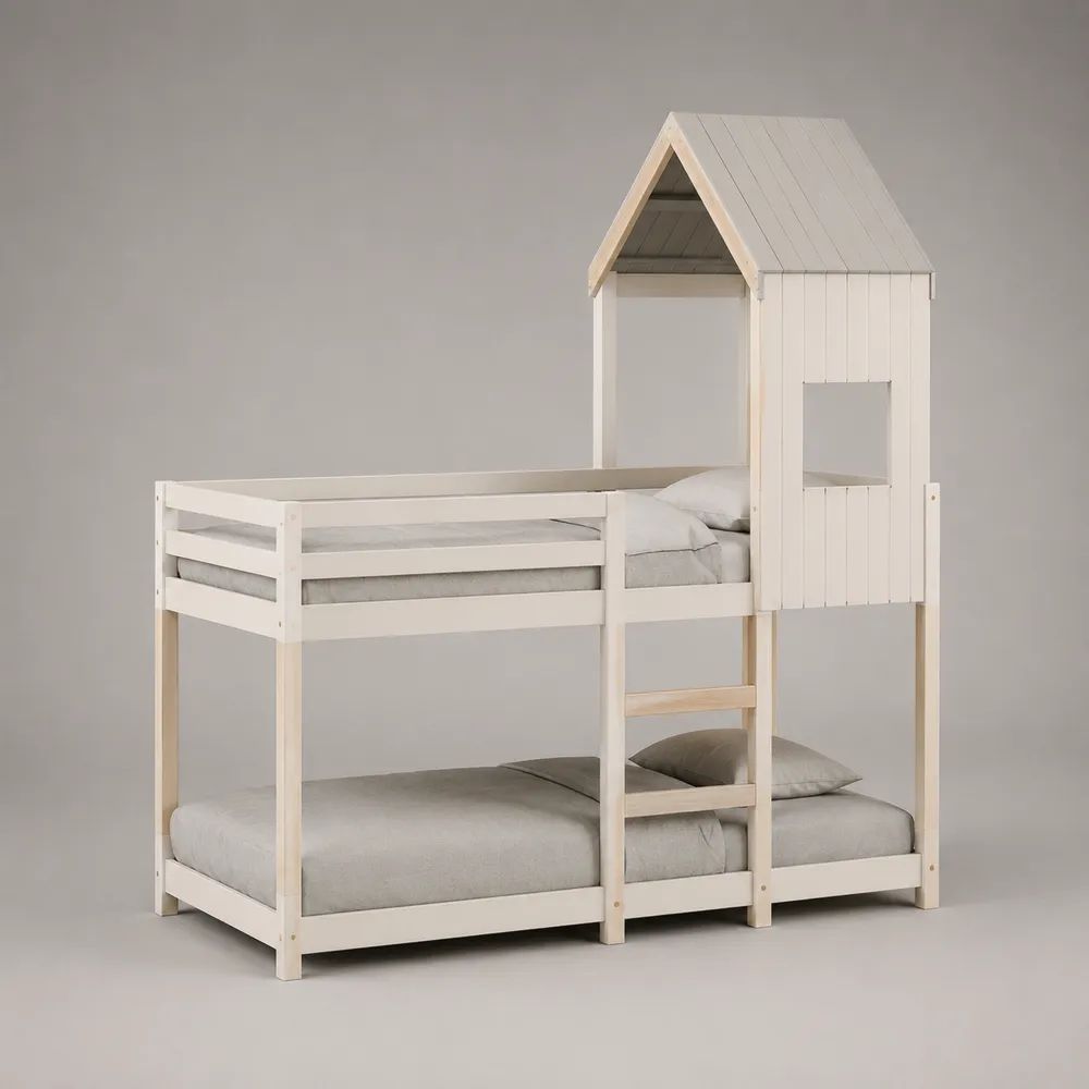 Letto a castello per bambini a casetta in legno massello di pino bianco e naturale, 208 x 98 x 228 cm, per materassi 90 x 200 cm