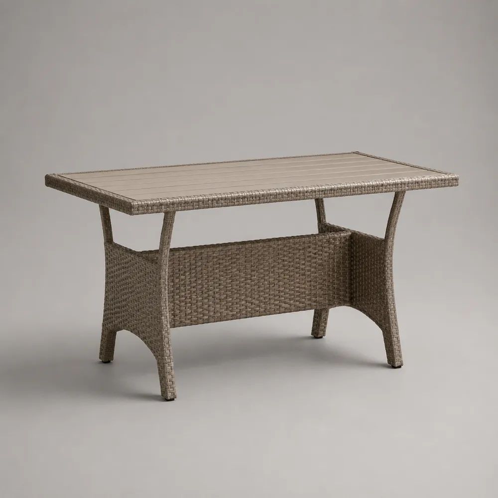 Tavolo da giardino rettangolare in polyrattan e acciaio con piano a doghe tortora, 140 x 80 x 75 cm