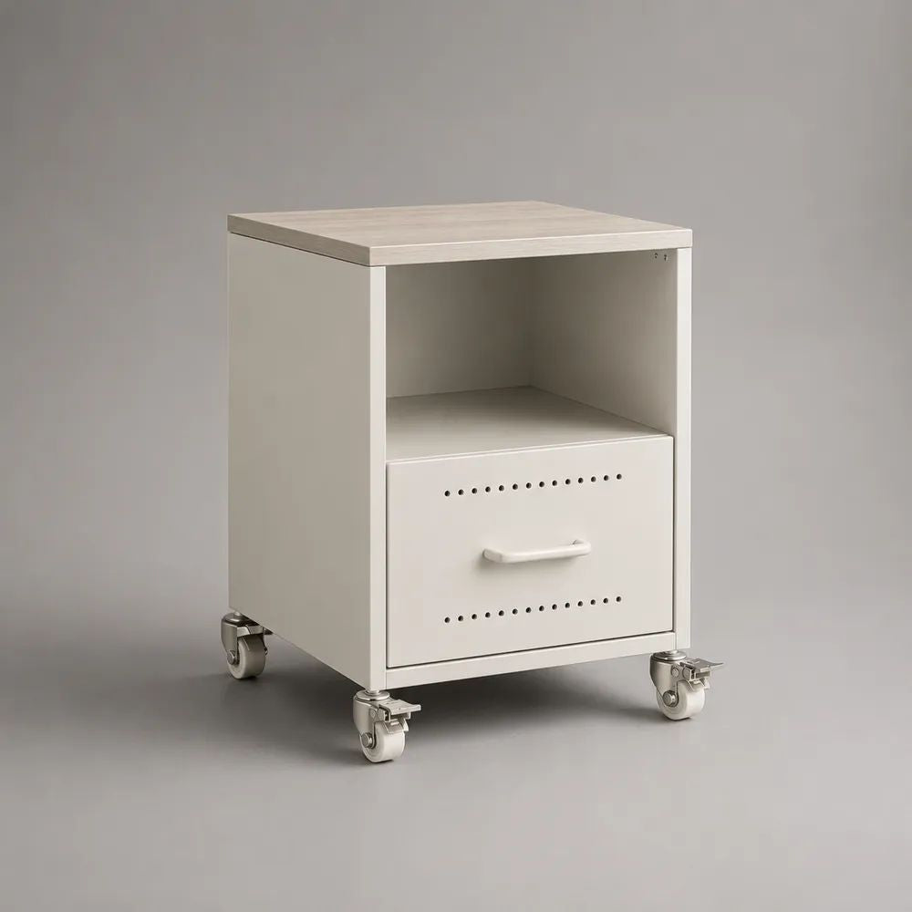 Mobiletto con ruote e cassetto in acciaio e MDF, bianco/rovere chiaro, 40 x 40 x 60 cm