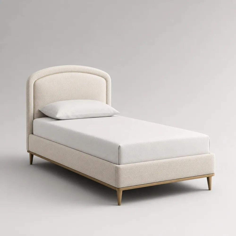 Letto singolo imbottito in legno con rete a doghe, tessuto avorio, 103 x 212 x 118 cm, per materasso 90 x 200 cm