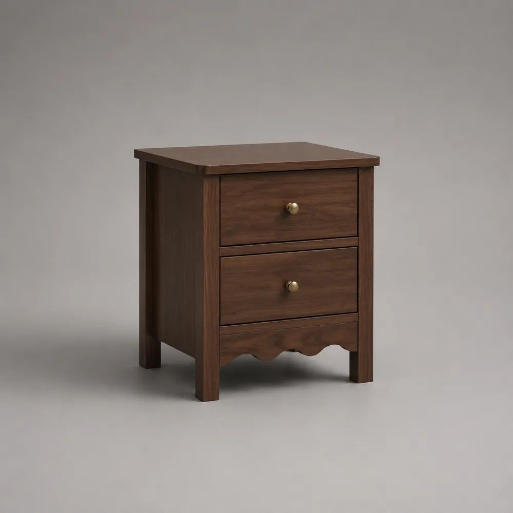 Comodino rettangolare in legno con 2 cassetti, marrone noce e ottone, 45 × 40 × 60 cm