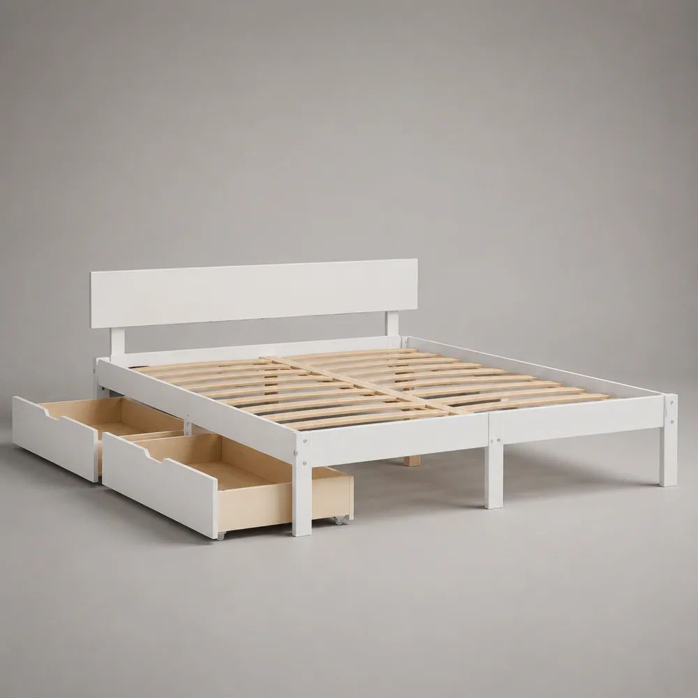 Letto matrimoniale in legno bianco e naturale 160 x 200 cm con rete a doghe e 4 cassetti