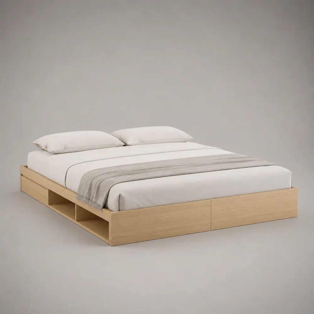 Letto matrimoniale contenitore 160 × 200 cm in pannelli di truciolare, rovere naturale, con 2 cassetti e 3 vani laterali