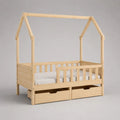 Letto per bambini a casetta 90 x 200 cm in pino massello naturale con sponda anticaduta e 2 cassetti, 207 x 98 x 180 cm