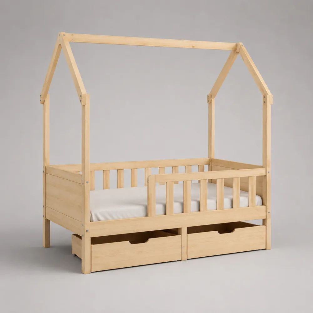 Letto per bambini a casetta 90 x 200 cm in pino massello naturale con sponda anticaduta e 2 cassetti, 207 x 98 x 180 cm