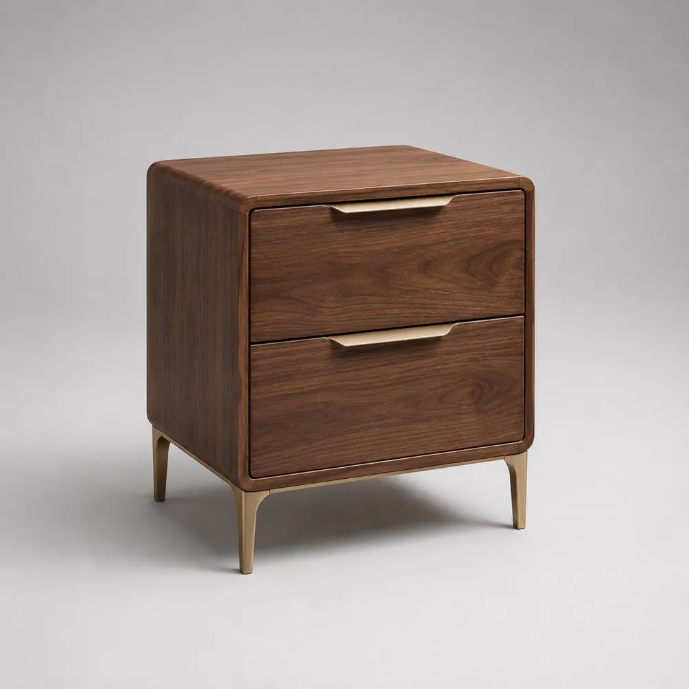 Comodino rettangolare con 2 cassetti in MDF impiallacciato noce, marrone e ottone, 50 x 40 x 60 cm