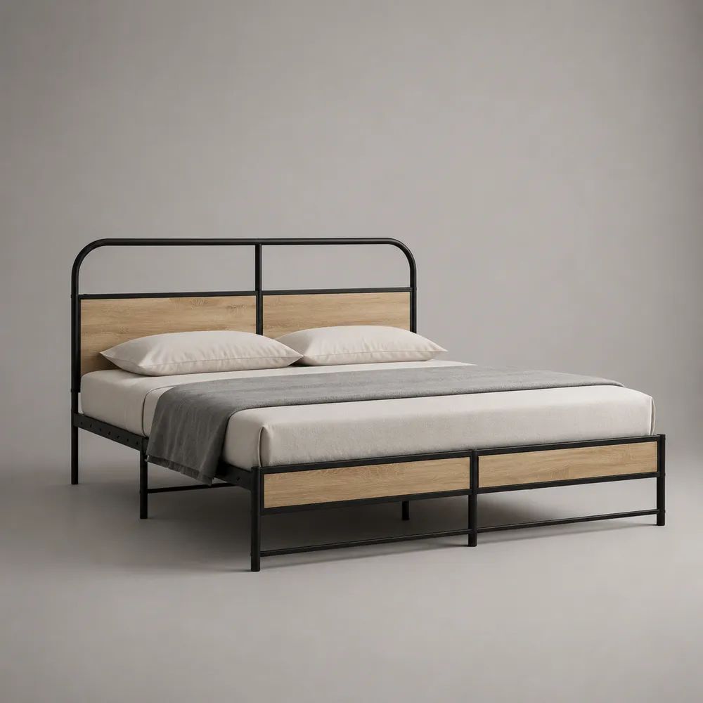 Letto matrimoniale 160 x 200 cm in acciaio e MDF, nero e rovere naturale