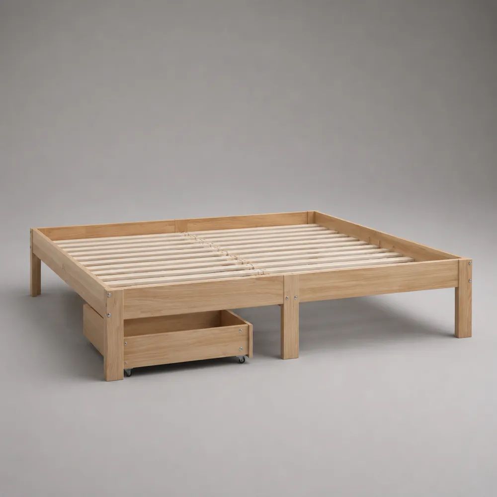 Letto matrimoniale rettangolare 160 × 200 cm in legno massello di pino naturale con rete a doghe e cassetto