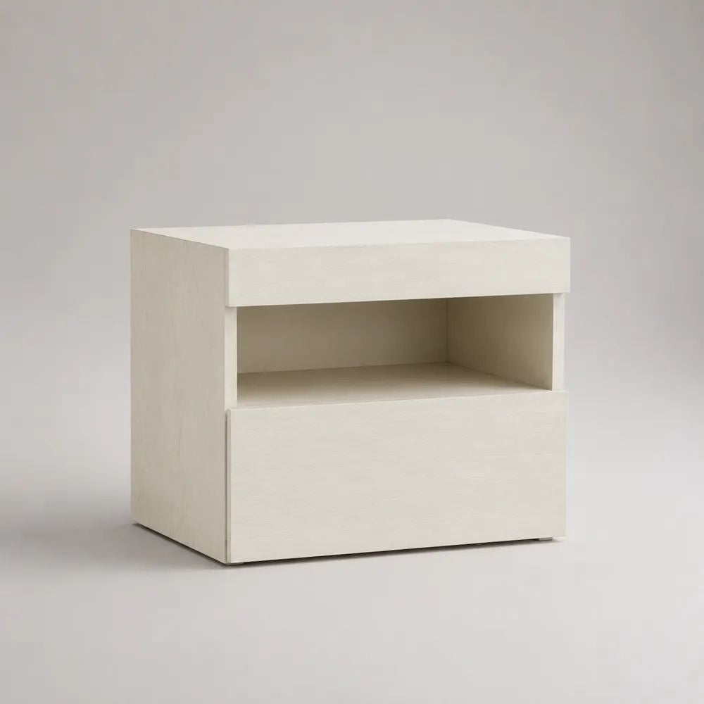 Comodino rettangolare in legno bianco con vano aperto e cassetto, 45 × 40 × 50 cm