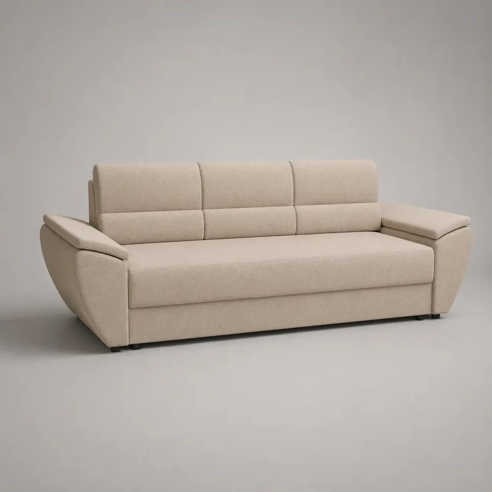 Divano rettangolare 3 posti in tessuto beige con braccioli imbottiti, 220 x 95 x 90 cm