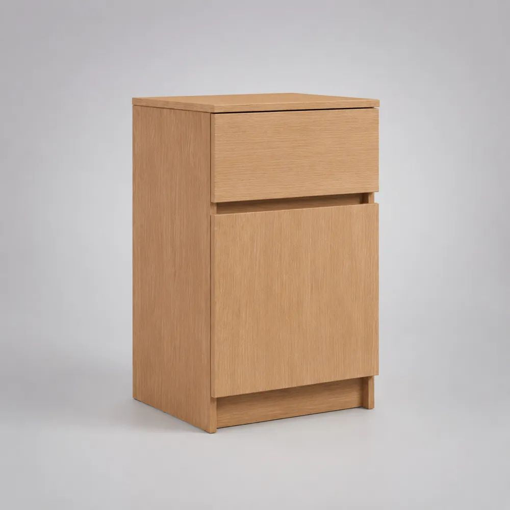 Comodino alto rettangolare in legno con 2 cassetti, rovere naturale, 40 x 35 x 65 cm