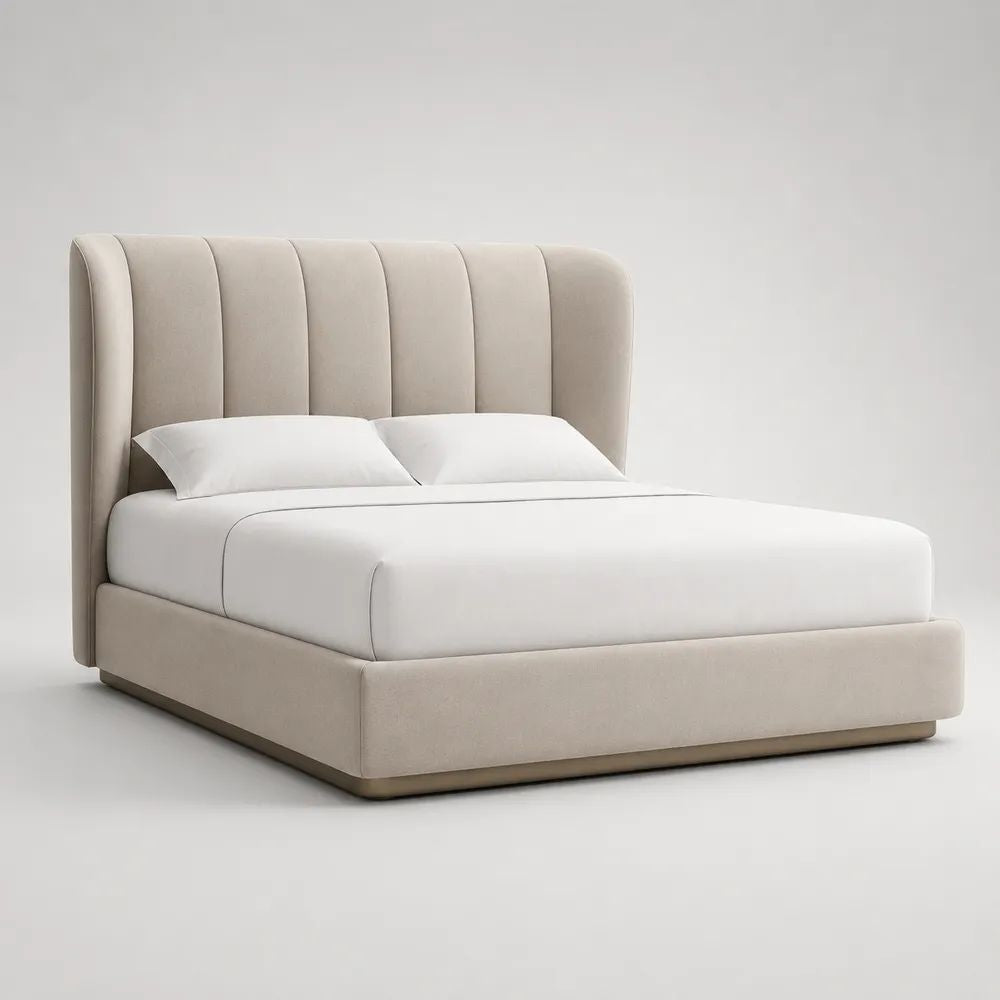 Letto matrimoniale imbottito beige 225 x 190 x 130 cm, rete 160 x 200 cm e testiera alta a pannelli verticali