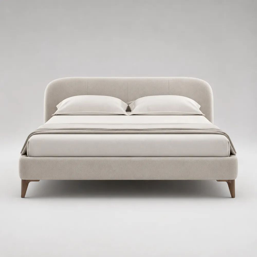 Letto matrimoniale imbottito 160 x 200 cm in tessuto avorio con testiera arrotondata e piedini marroni