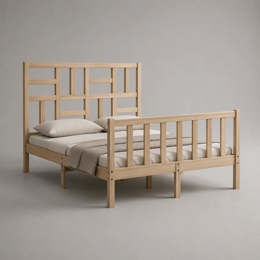 Letto matrimoniale 140 x 200 cm in pino massello beige naturale con testiera e pediera, 210 x 151 x 160 cm