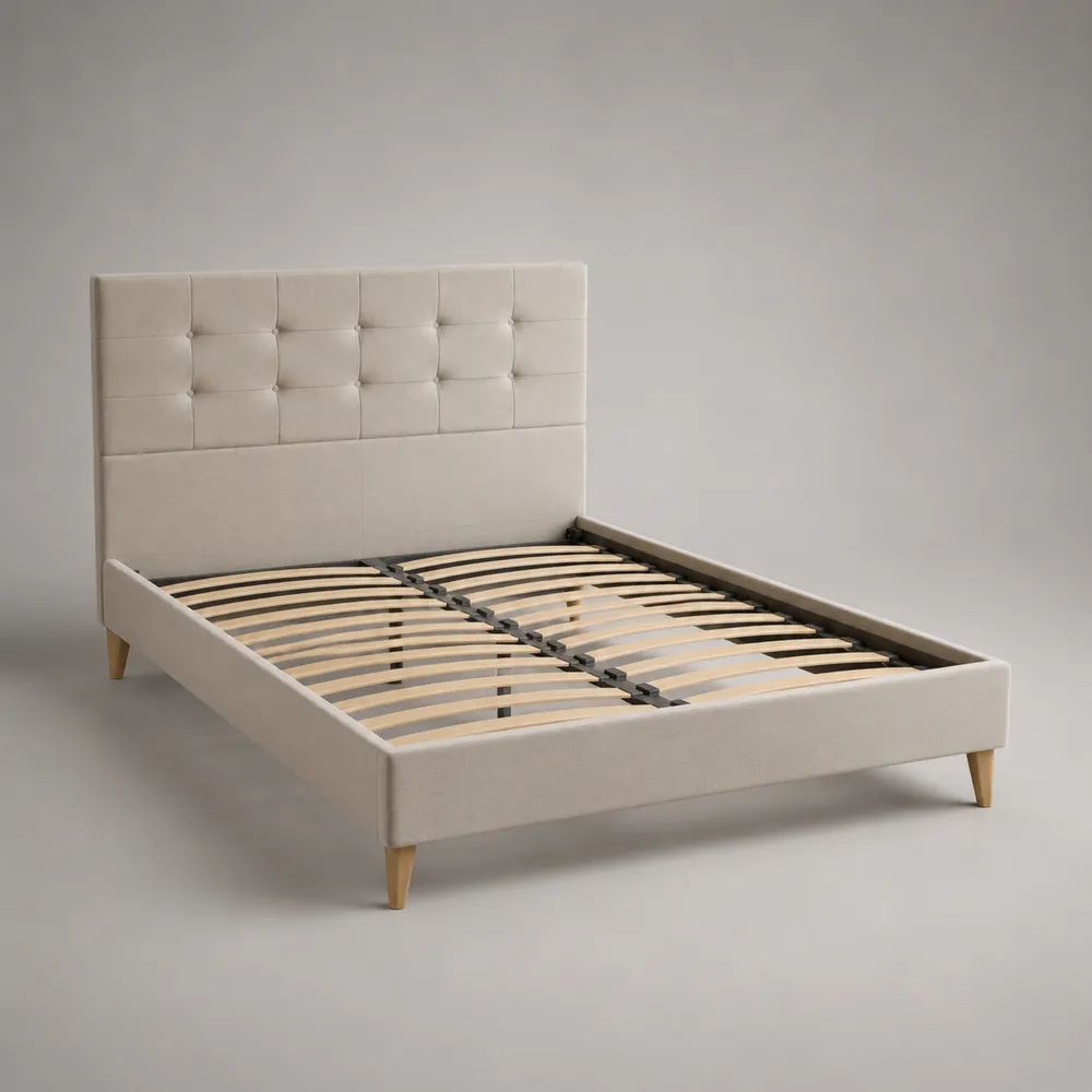 Letto matrimoniale imbottito beige con testiera capitonné, rete a doghe in legno e struttura in metallo, per materasso 160 x 200 cm, dimensioni 169 x 213 x 110 cm