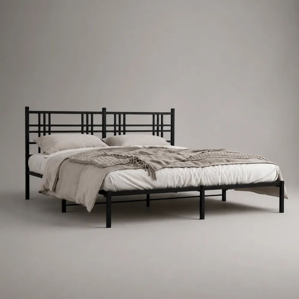 Letto matrimoniale in acciaio nero con testiera geometrica, per materasso 160 x 200 cm, dimensioni 166 x 207 x 100 cm