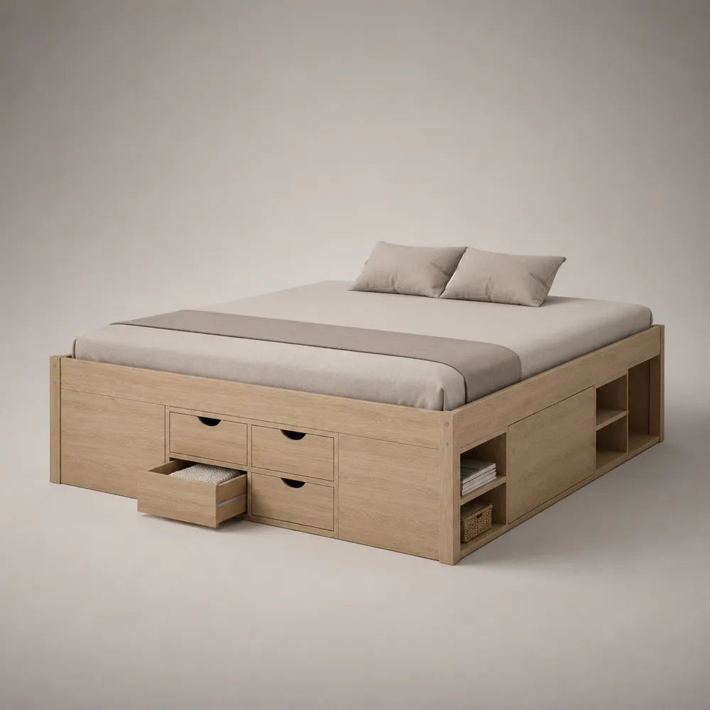 Letto matrimoniale 160 x 200 cm in pannello truciolare rovere chiaro con 4 cassetti e vani laterali