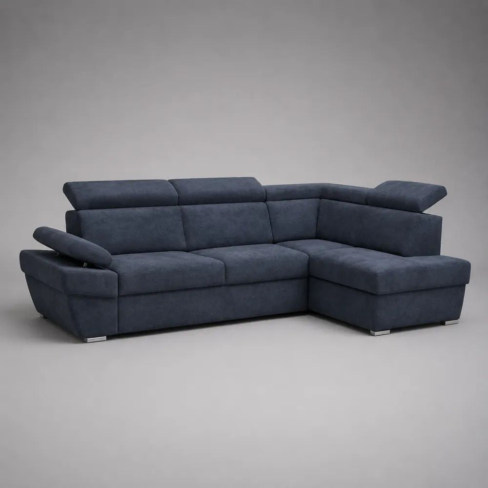 Divano angolare a L 3 posti in microfibra blu scuro con chaise longue destra e poggiatesta regolabili, 270 x 170 x 80-100 cm