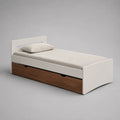 Letto singolo in legno con cassetto contenitore, bianco e marrone noce, superficie di riposo 90 x 200 cm