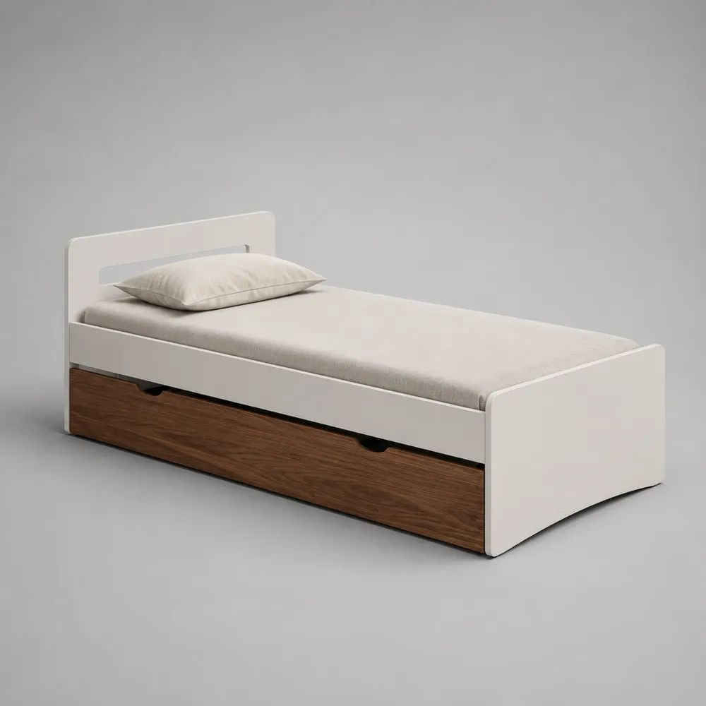 Letto singolo in legno con cassetto contenitore, bianco e marrone noce, superficie di riposo 90 x 200 cm