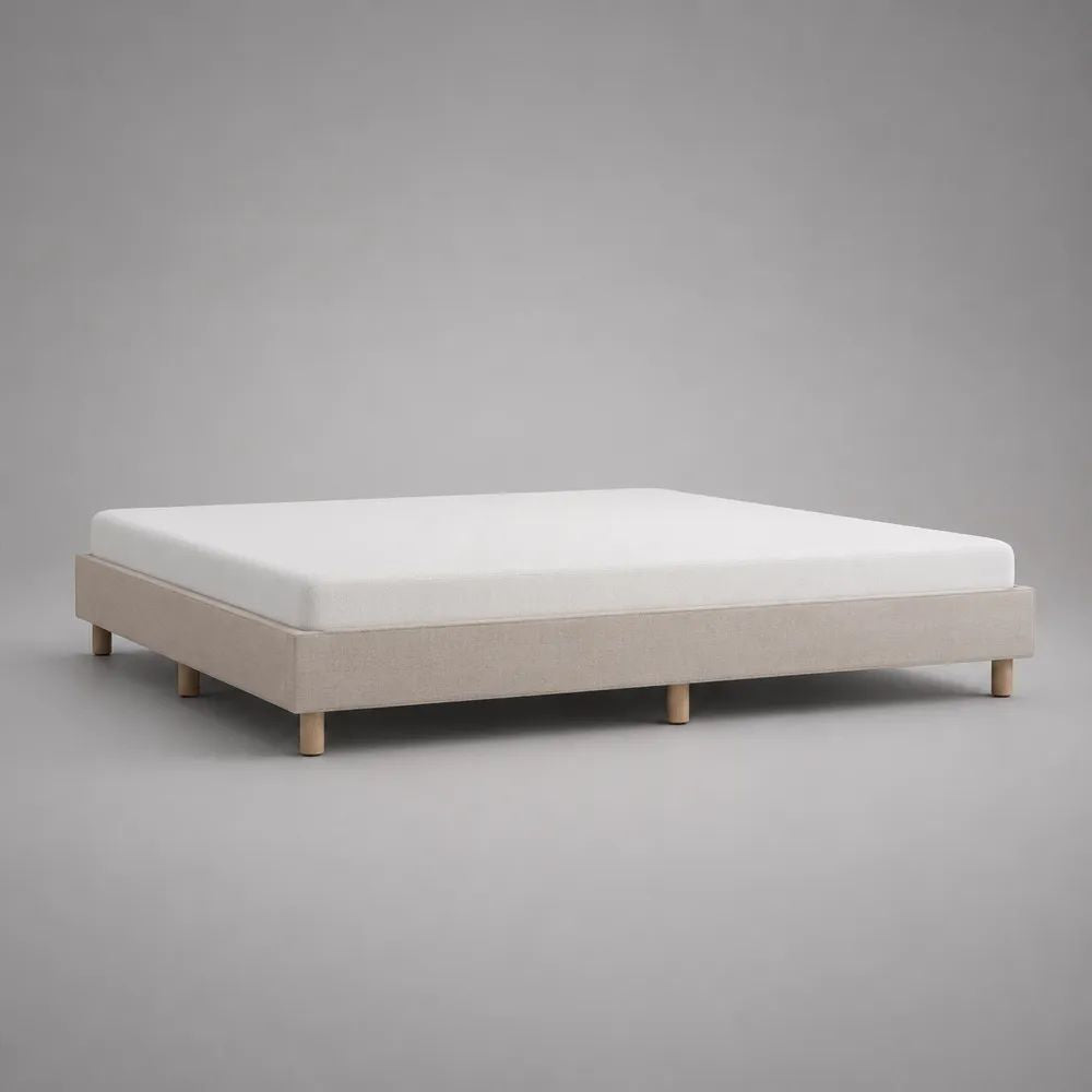 Letto matrimoniale imbottito senza testiera 160 x 200 cm in legno e tessuto beige, dimensioni 210 x 170 x 35 cm