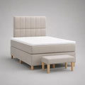Set letto matrimoniale continentale 160 x 200 cm in poliestere beige con materasso, topper bianco, testiera imbottita e pouf poggiapiedi