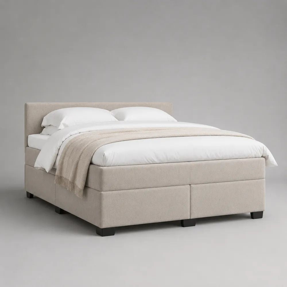 Letto matrimoniale boxspring 180 x 200 cm in tessuto beige con materasso, sovramaterasso e testiera imbottita