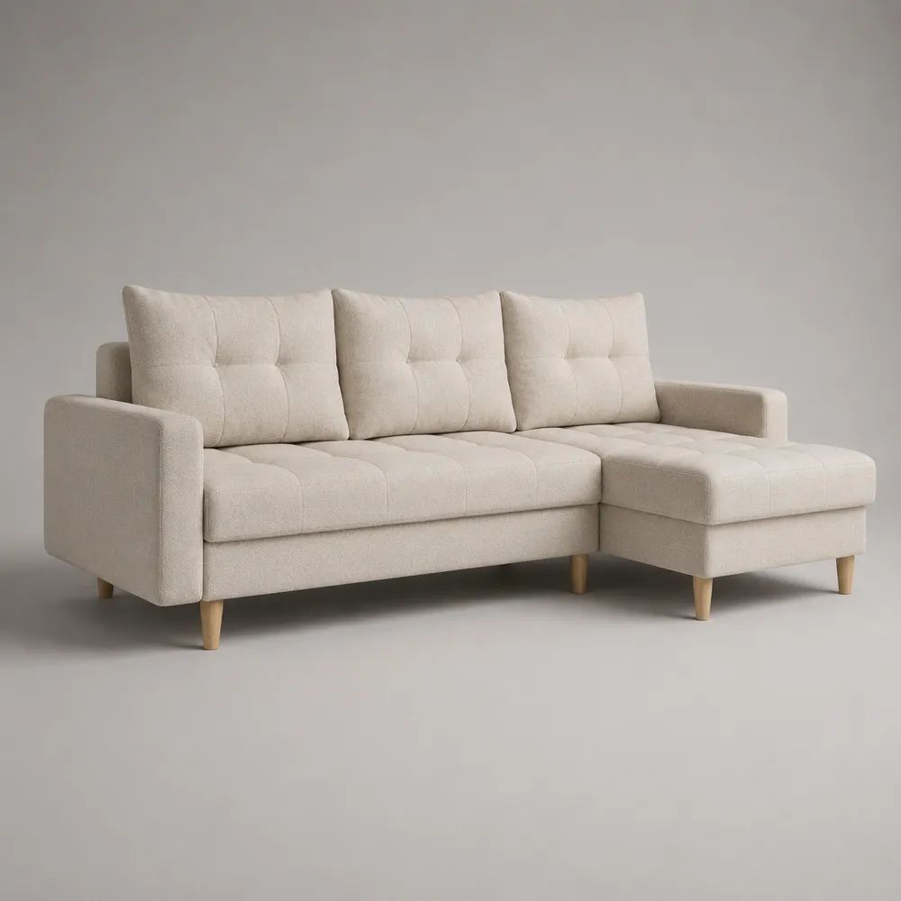 Divano angolare 3 posti in tessuto beige con penisola destra, 220 x 145 x 85 cm
