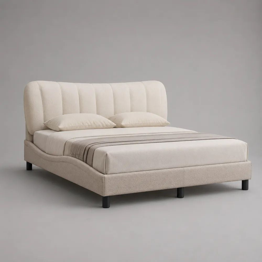 Letto matrimoniale imbottito beige in tessuto con testiera scanalata, 180 x 220 x 112 cm, per materasso 160 x 200 cm