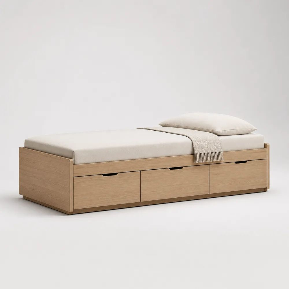 Letto singolo in legno effetto rovere naturale con 3 cassetti, 205 x 96 x 45 cm, per materasso 90 x 200 cm